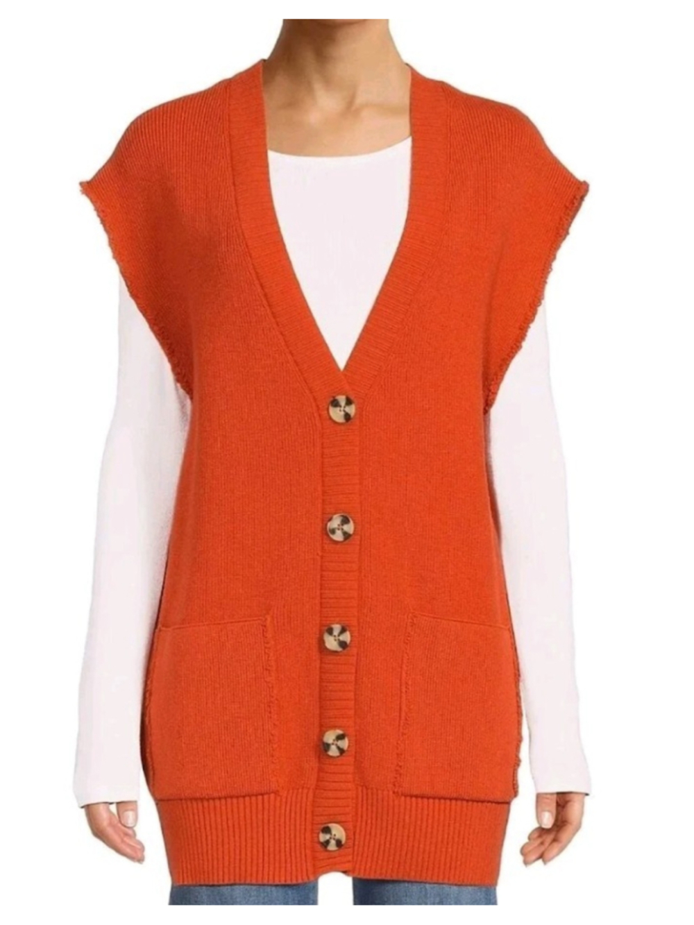 FREE PEOPLE Oakleigh Sweater Vest Ribbed Boyfriend Oversized Lagenlook Orange M